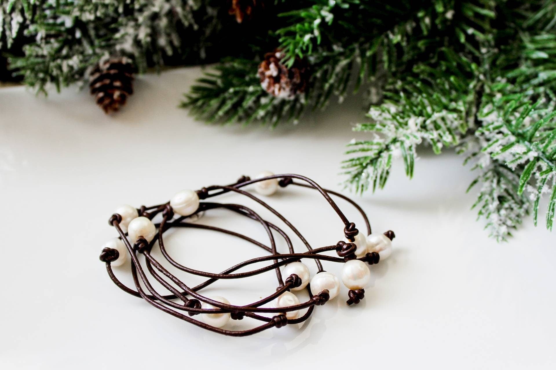 Pearl leather wrap necklace bracelet, Bohemian jewelry, Mother's Day Gift