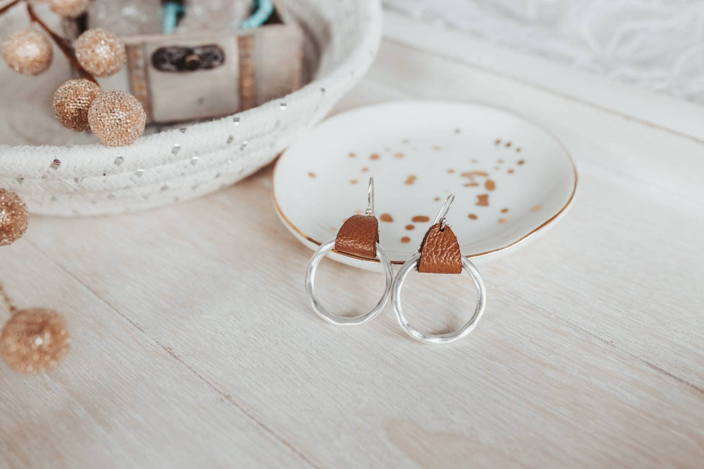 Leather hammered hoop earrings, Silver Lever back or Shepherds hook