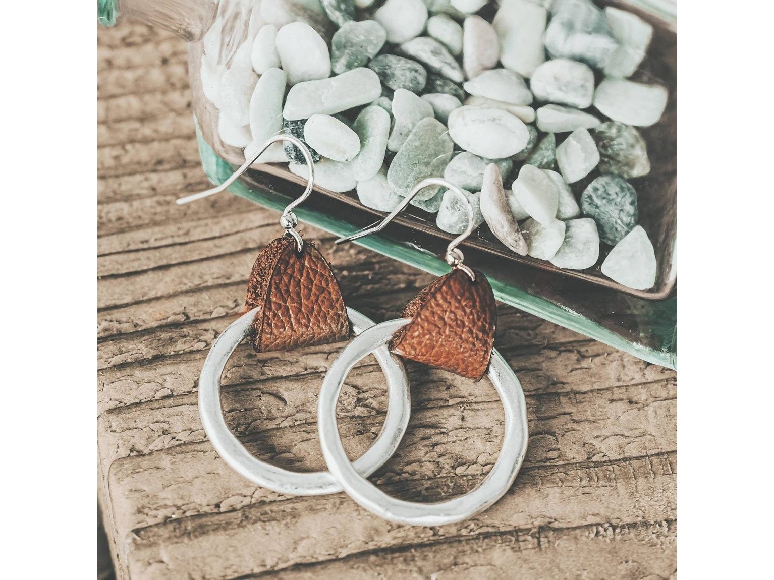 Leather hammered hoop earrings, Silver Lever back or Shepherds hook