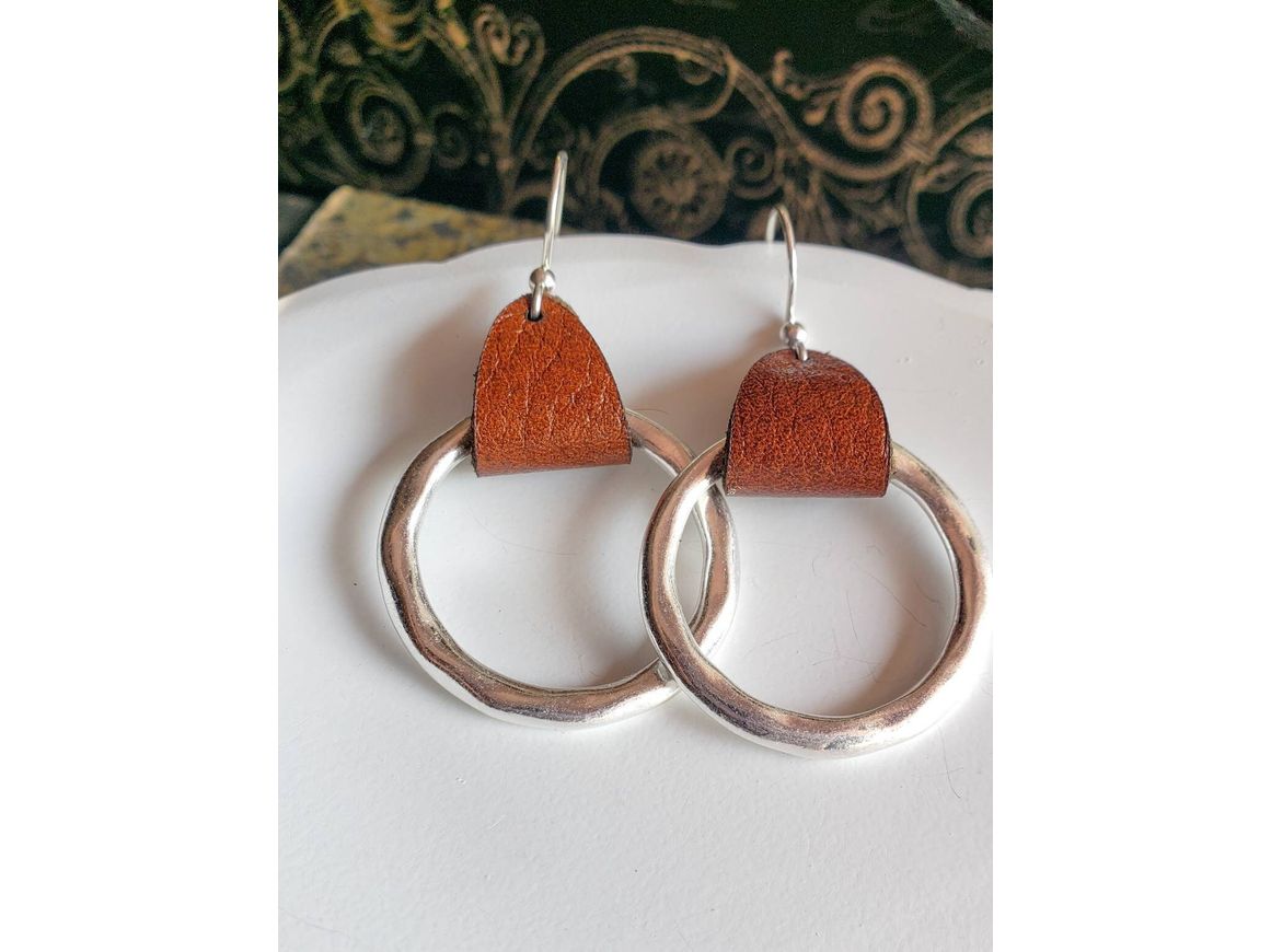 Leather hammered hoop earrings, Silver Lever back or Shepherds hook