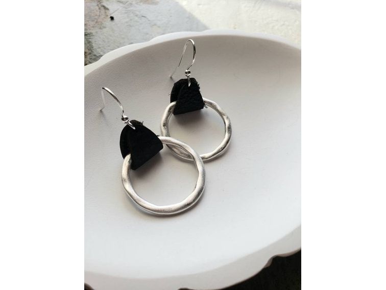 Leather hammered hoop earrings, Silver Lever back or Shepherds hook