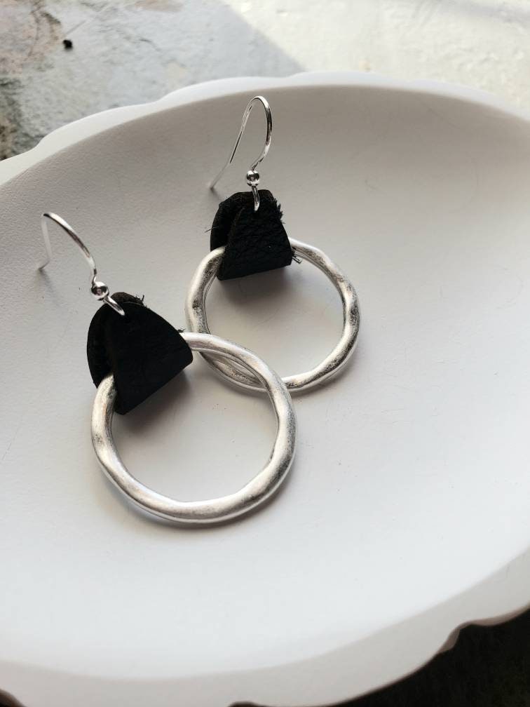 Leather hammered hoop earrings, Silver Lever back or Shepherds hook