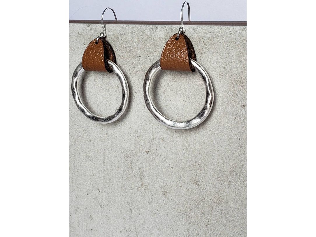 Leather hammered hoop earrings, Silver Lever back or Shepherds hook