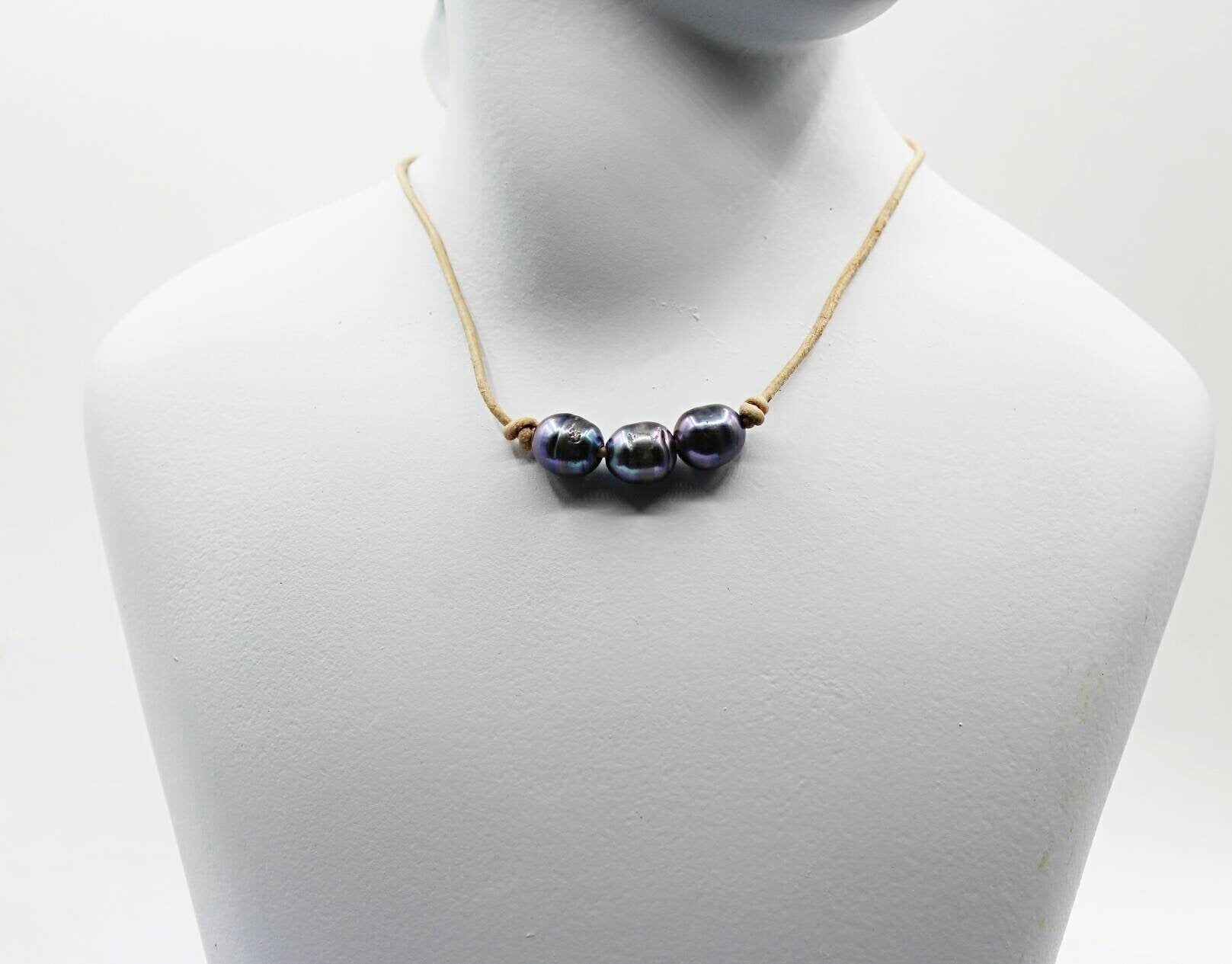 Leather pearl necklace, 3 freshwater pearls on leather cord, 3rd anniversary gift
