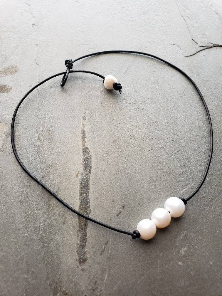 Leather pearl necklace, 3 freshwater pearls on leather cord, 3rd anniversary gift