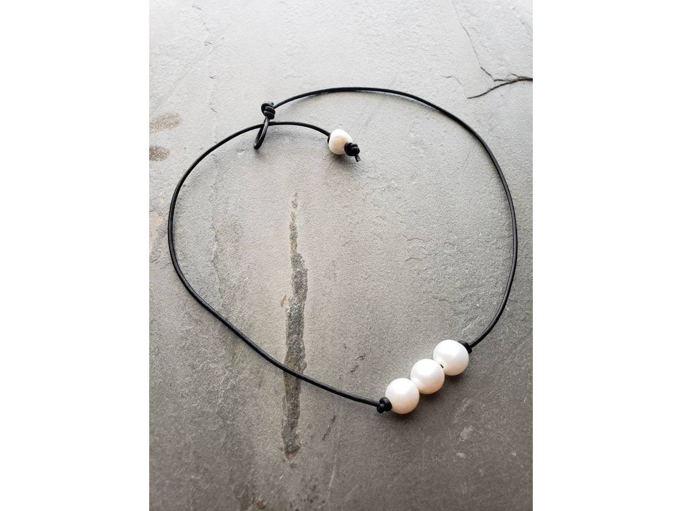 Leather pearl necklace, 3 freshwater pearls on leather cord, 3rd anniversary gift