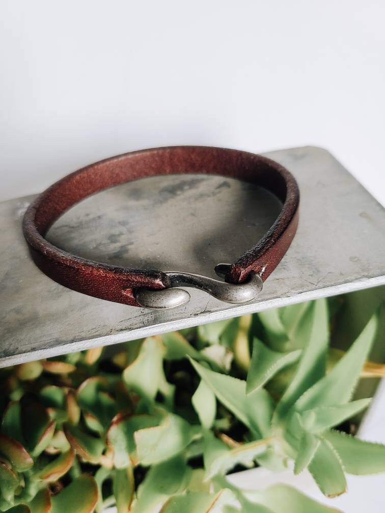 Unisex Cuff Leather Bracelet, S Hook Clasp, Father's Day gift from kids, 3rd anniversary couples gift
