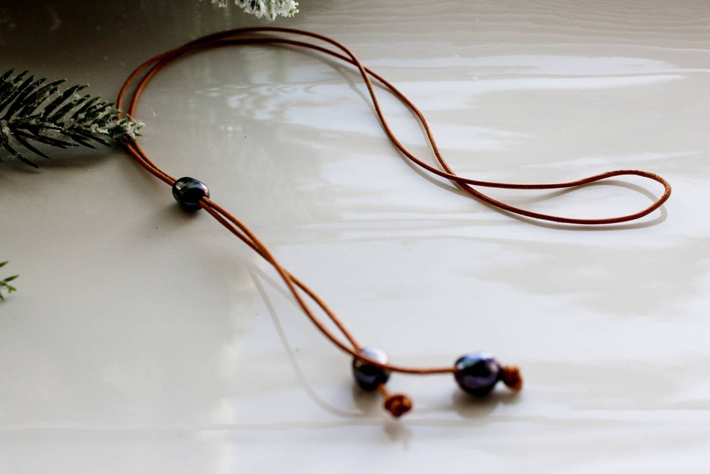 Leather Pearl Lariat Necklace, June Pearl Birthstone, Mother&#39;s day Gift for Her Under 40.00,