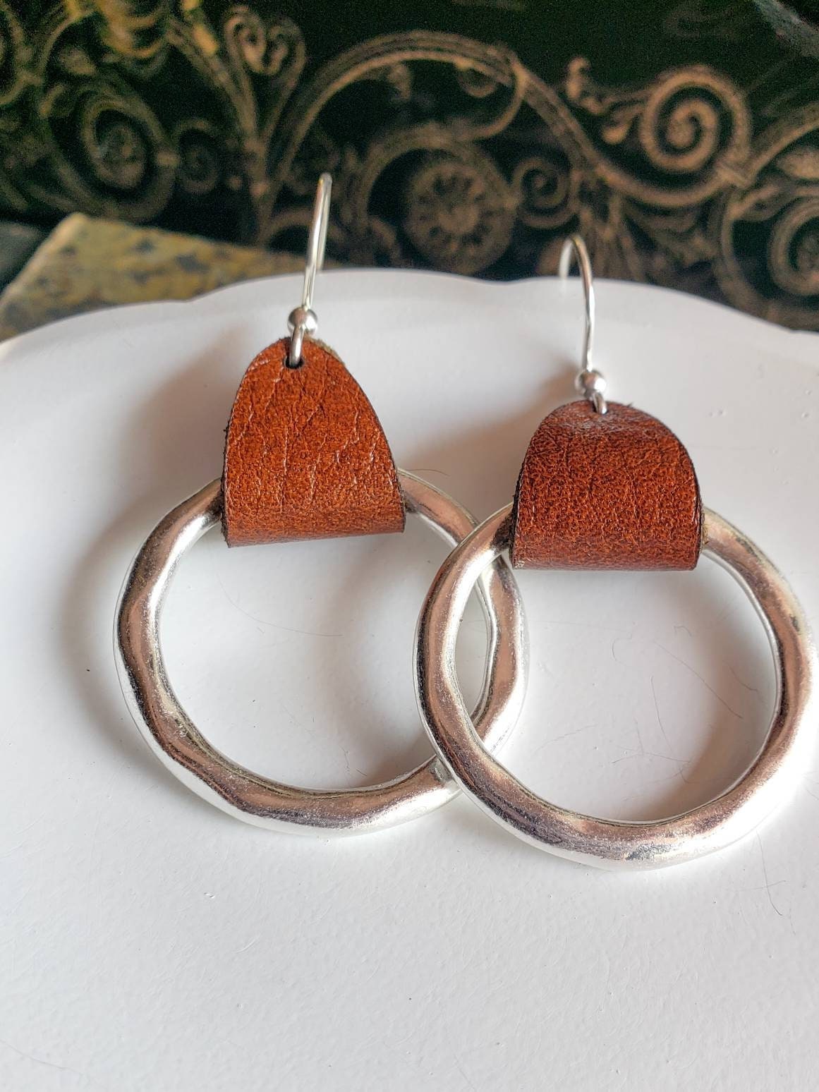 Bohemian Leather hoop earrings, 3rd anniversary gift of leather for wife,