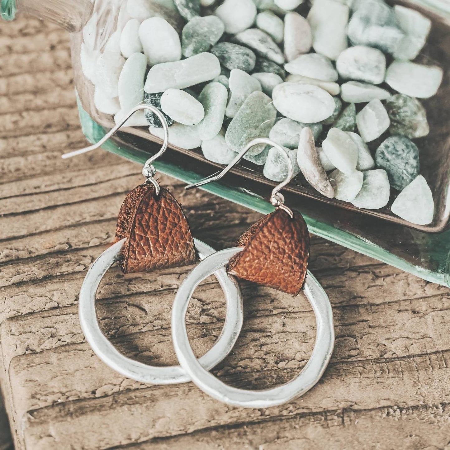 Bohemian Leather hoop earrings, 3rd anniversary gift of leather for wife,