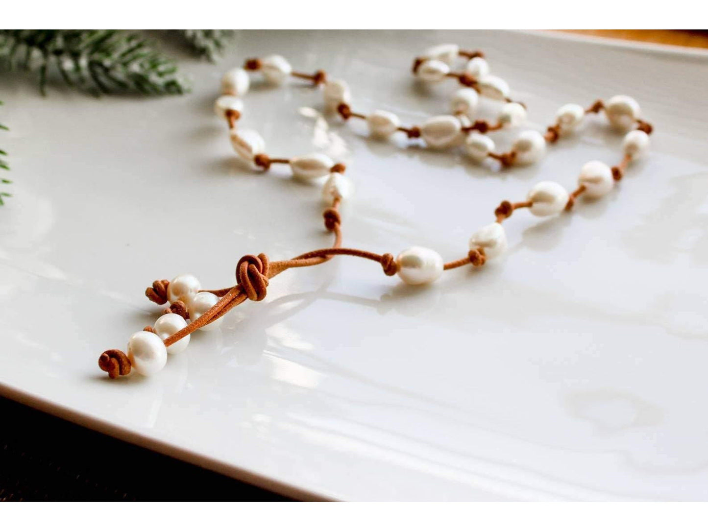 Tahitian Baroque Pearl style leather bohemian necklace, 3rd third anniversary gift for her, Birthday gift for girlfriend