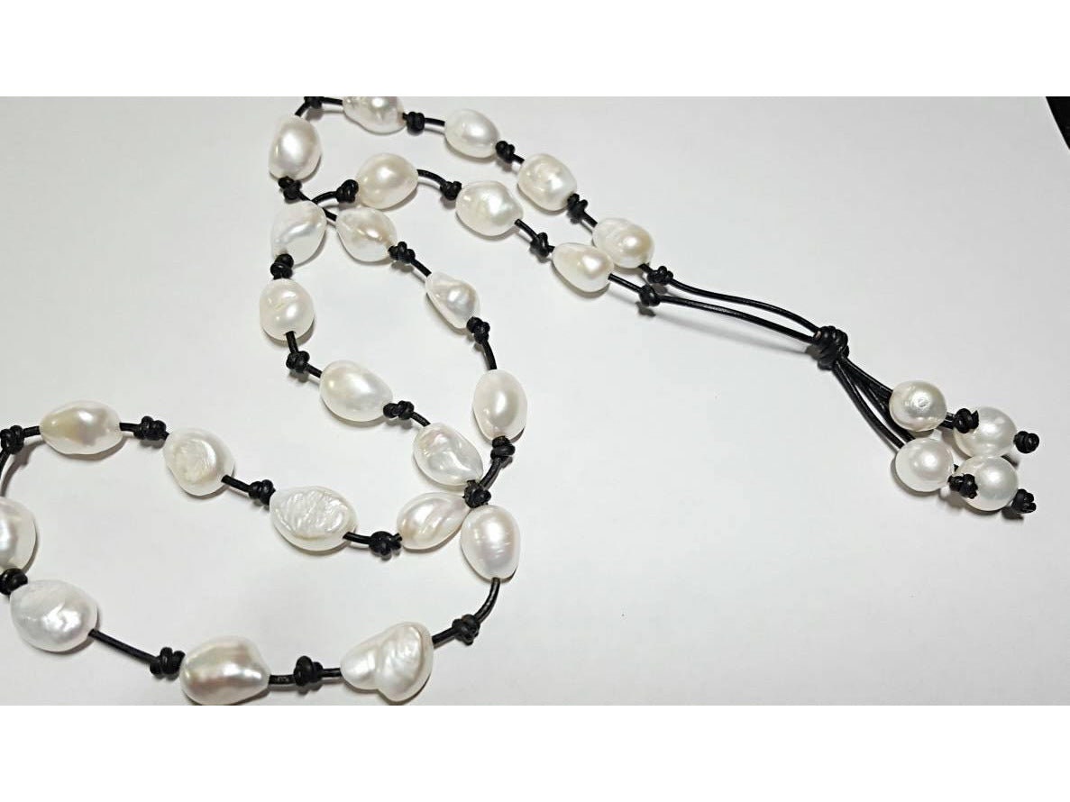 Tahitian Baroque Pearl style leather bohemian necklace, 3rd third anniversary gift for her, Birthday gift for girlfriend
