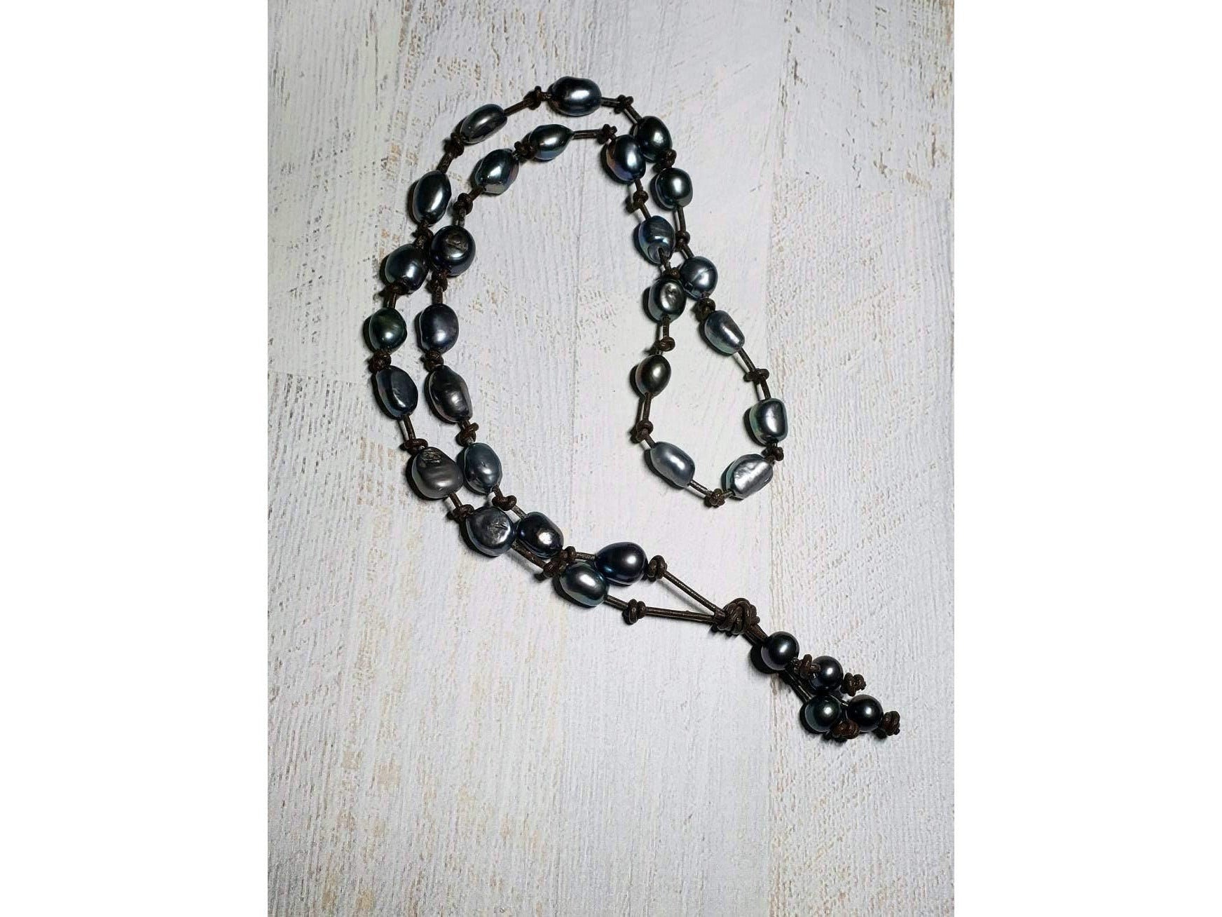 Tahitian Baroque Pearl style leather bohemian necklace, 3rd third anniversary gift for her, Birthday gift for girlfriend