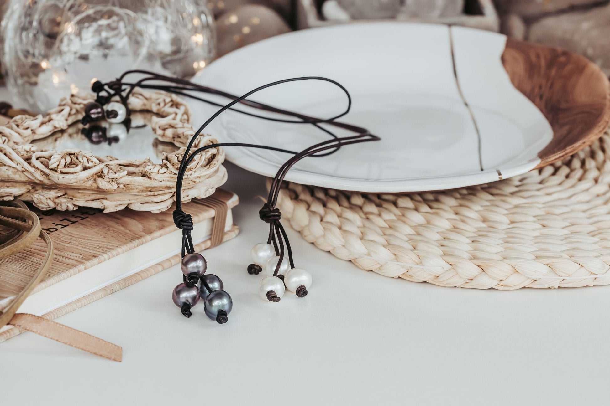 Pearl Leather Waterfall Necklace, 3rd Leather Anniversary Gift for Her, Pearl Lariat