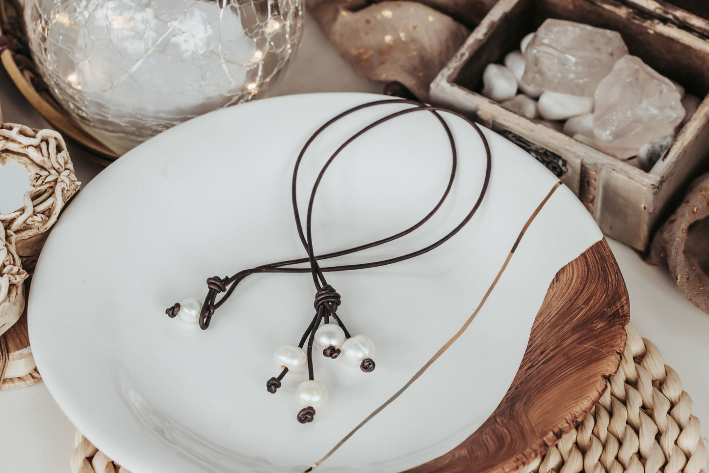 Pearl Leather Waterfall Necklace, 3rd Leather Anniversary Gift for Her, Pearl Lariat