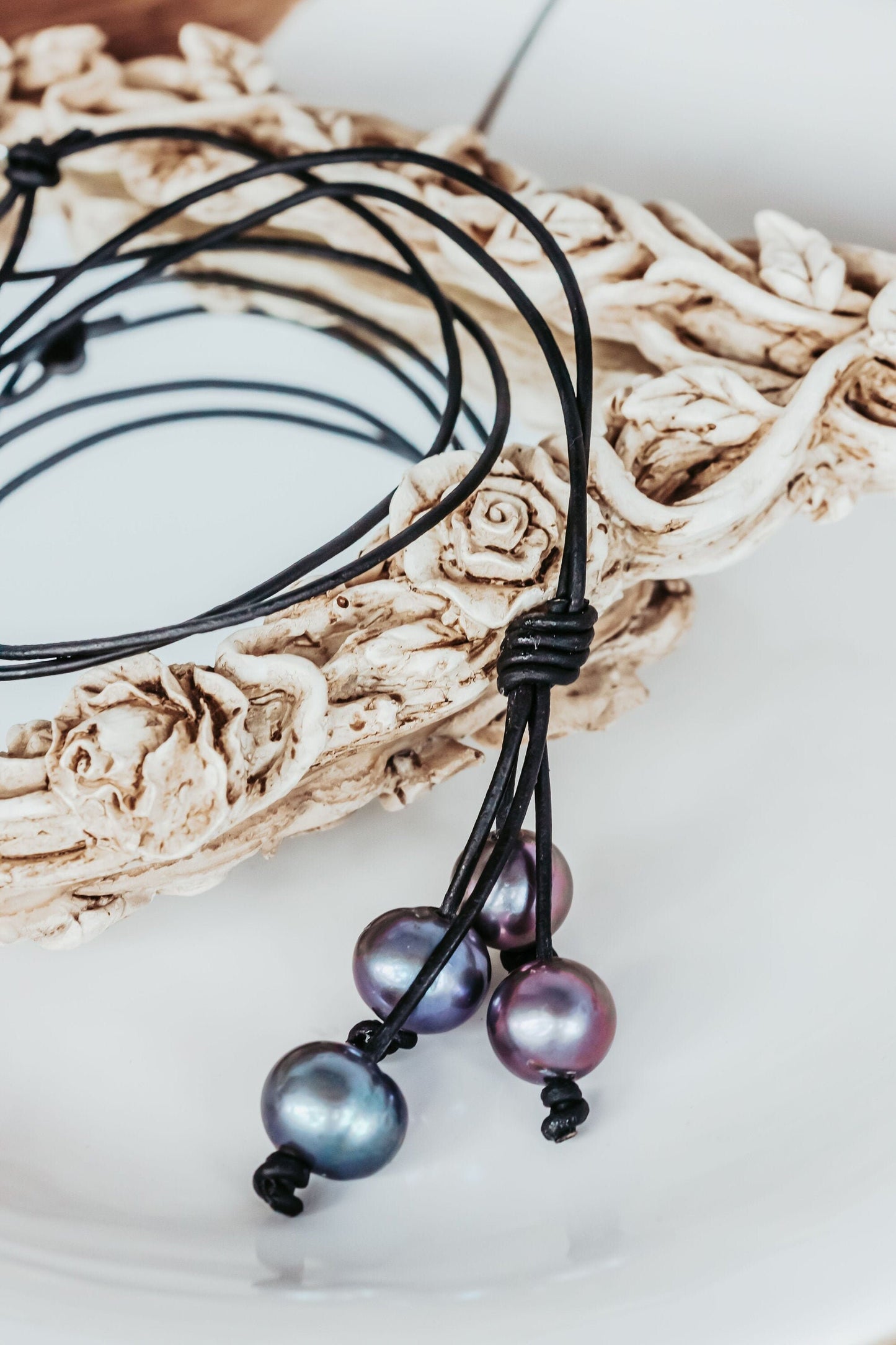 Pearl Leather Waterfall Necklace, 3rd Leather Anniversary Gift for Her, Pearl Lariat