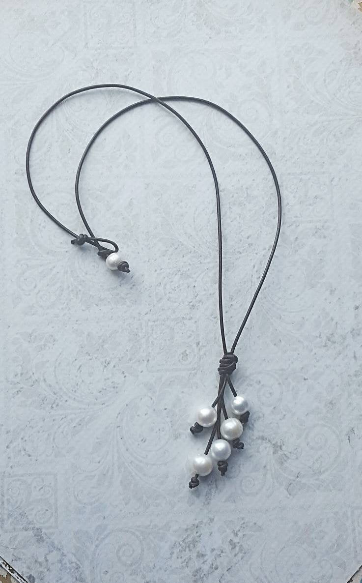 Pearl Leather Waterfall Necklace, 3rd Leather Anniversary Gift for Her, Pearl Lariat