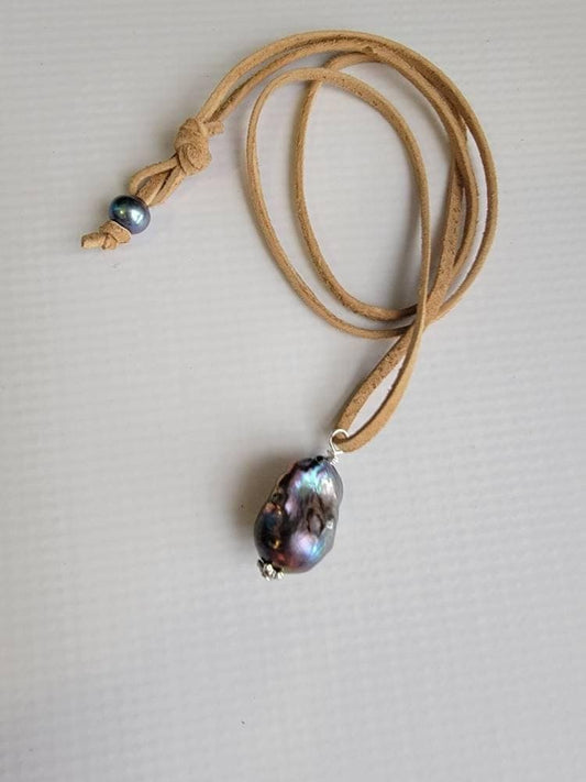 Peacock Baroque Flameball Pearl Pendant on Long Leather cord, Men's necklace
