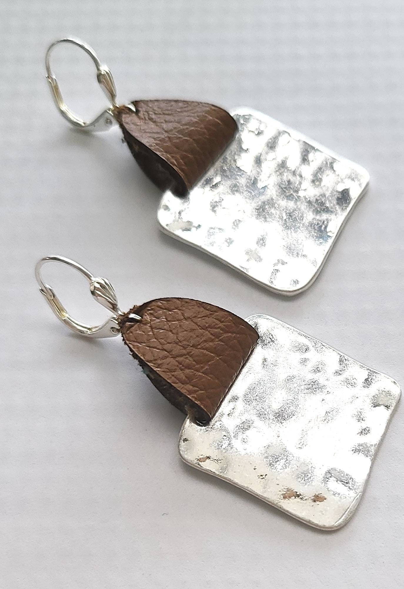 Hammered Square Earrings, 3rd Anniversary Gift of Leather Earrings for Her,