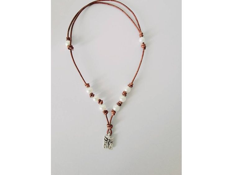 Gift for mom from daughter, Leather Pearl Dragonfly pendant necklace, adjustable length