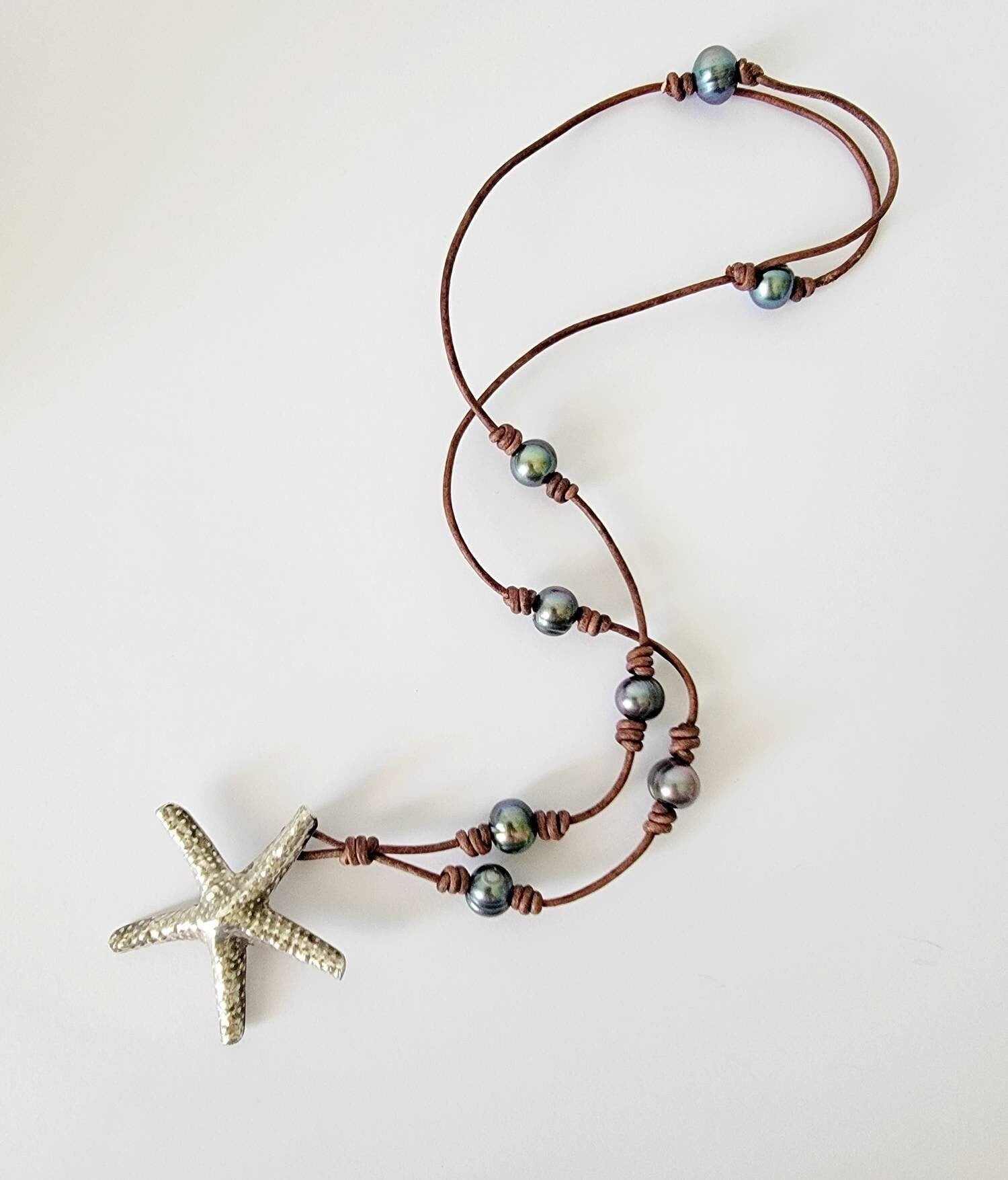 Leather Pearl Sterling Thai Silver Starfish adjustable necklace, Sea Star necklace, One of a kind pearl necklace