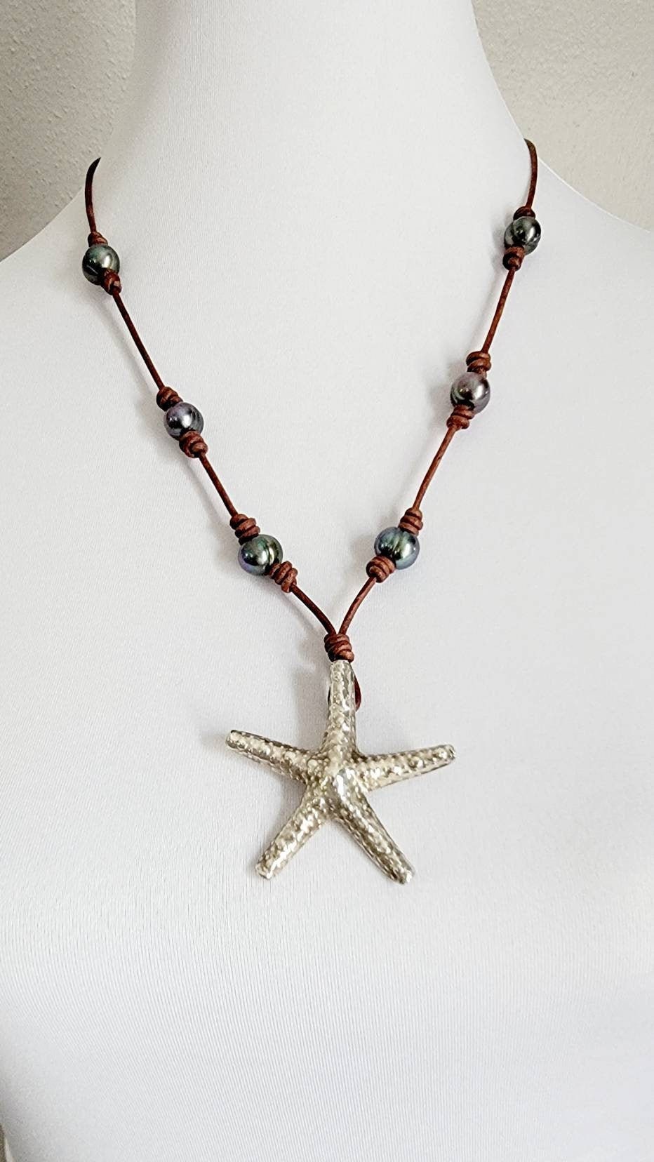 Leather Pearl Sterling Thai Silver Starfish adjustable necklace, Sea Star necklace, One of a kind pearl necklace