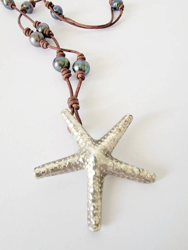 Leather Pearl Sterling Thai Silver Starfish adjustable necklace, Sea Star necklace, One of a kind pearl necklace