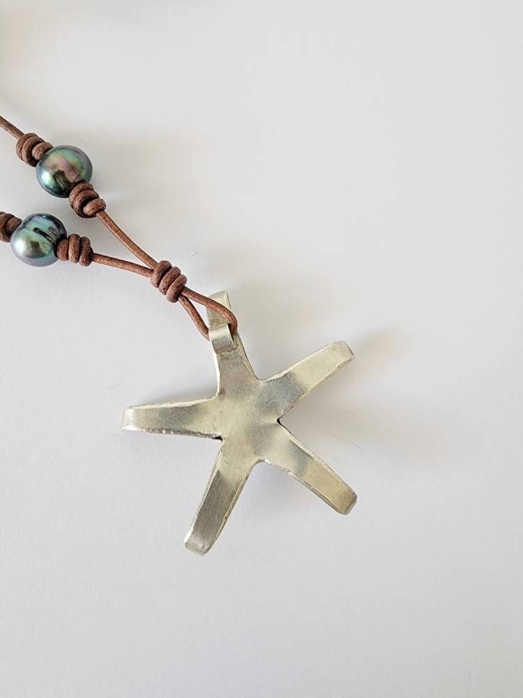 Leather Pearl Sterling Thai Silver Starfish adjustable necklace, Sea Star necklace, One of a kind pearl necklace