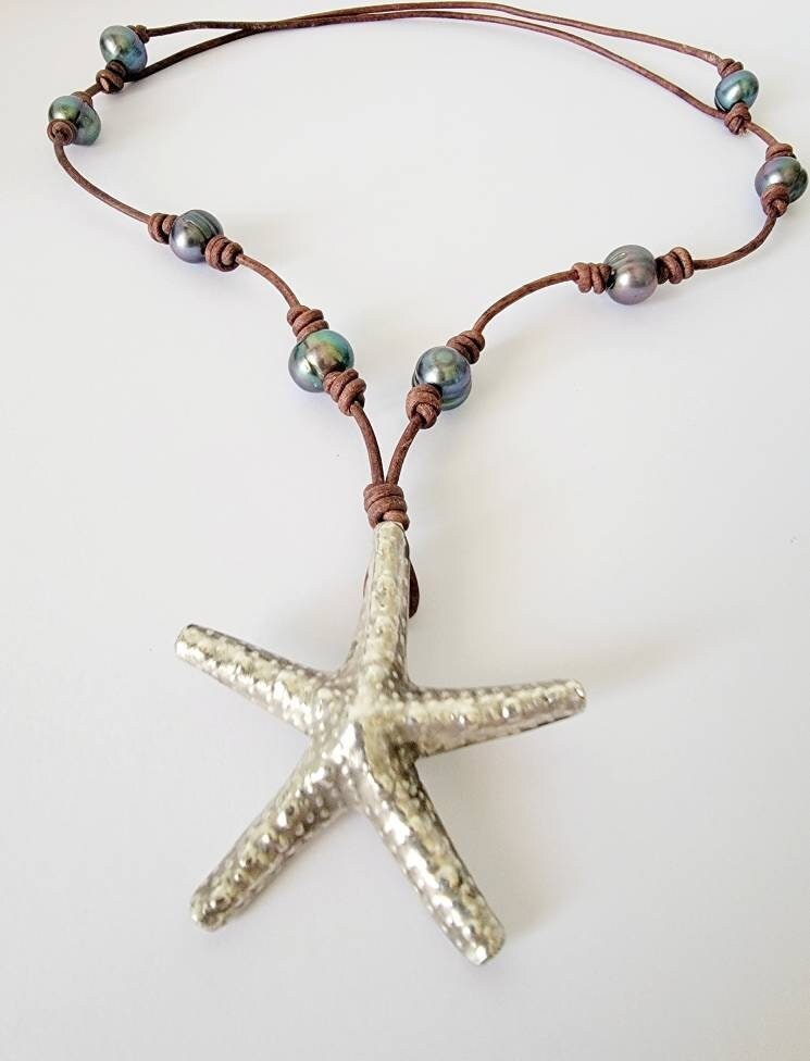 Leather Pearl Sterling Thai Silver Starfish adjustable necklace, Sea Star necklace, One of a kind pearl necklace