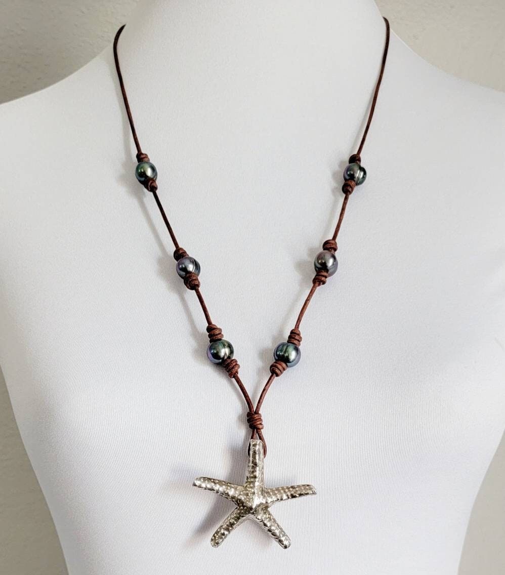 Leather Pearl Sterling Thai Silver Starfish adjustable necklace, Sea Star necklace, One of a kind pearl necklace