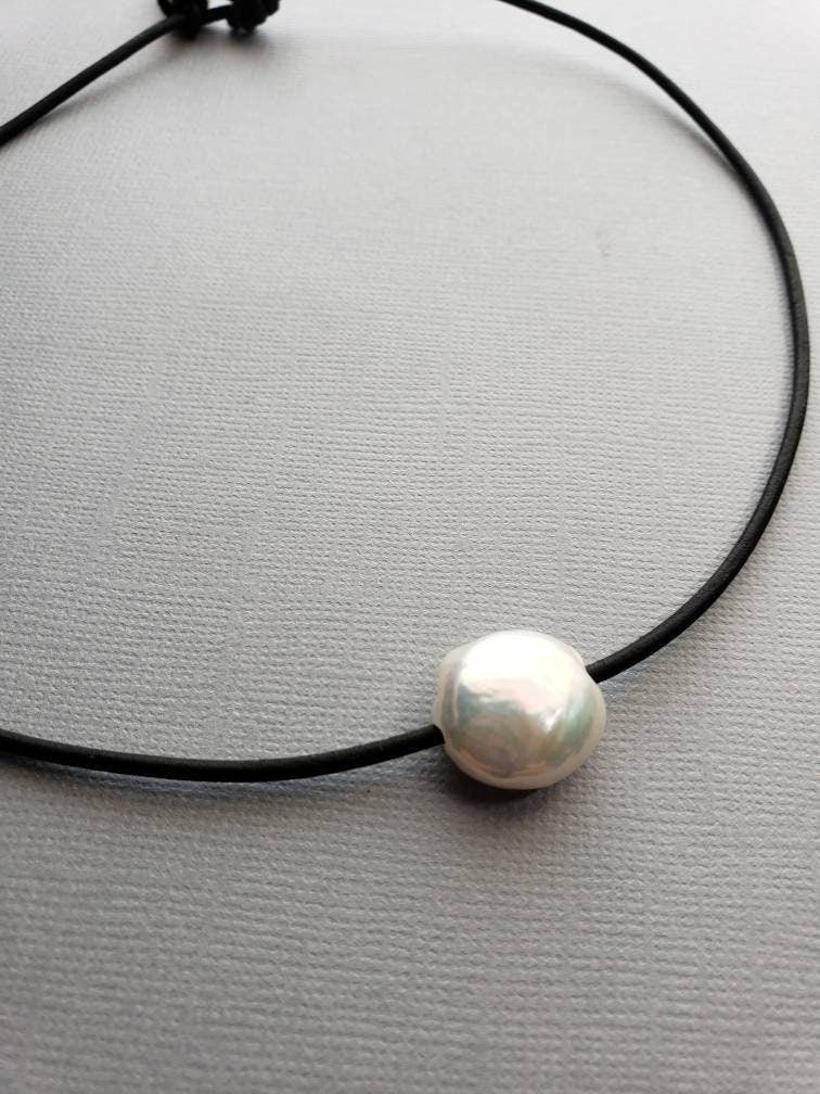 Coin Pearl Leather Necklace, 3rd anniversary gift for wife, Unisex necklace for men and women