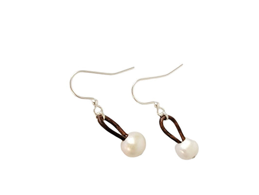 Leather pearl earring, 3rd anniversary gift for woman
