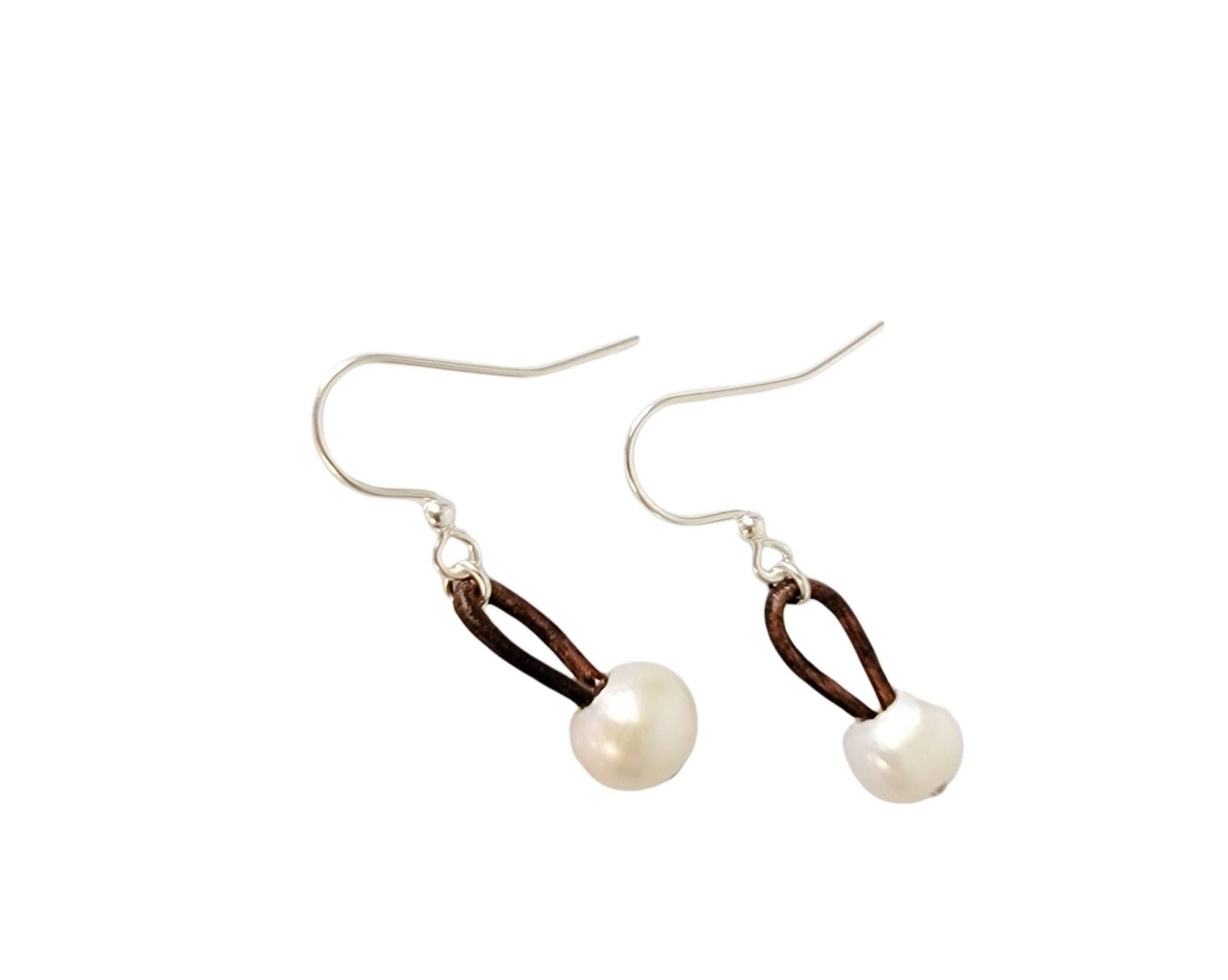 Leather pearl earring, 3rd anniversary gift for woman