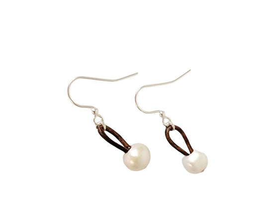Leather pearl earring, 3rd anniversary gift for woman