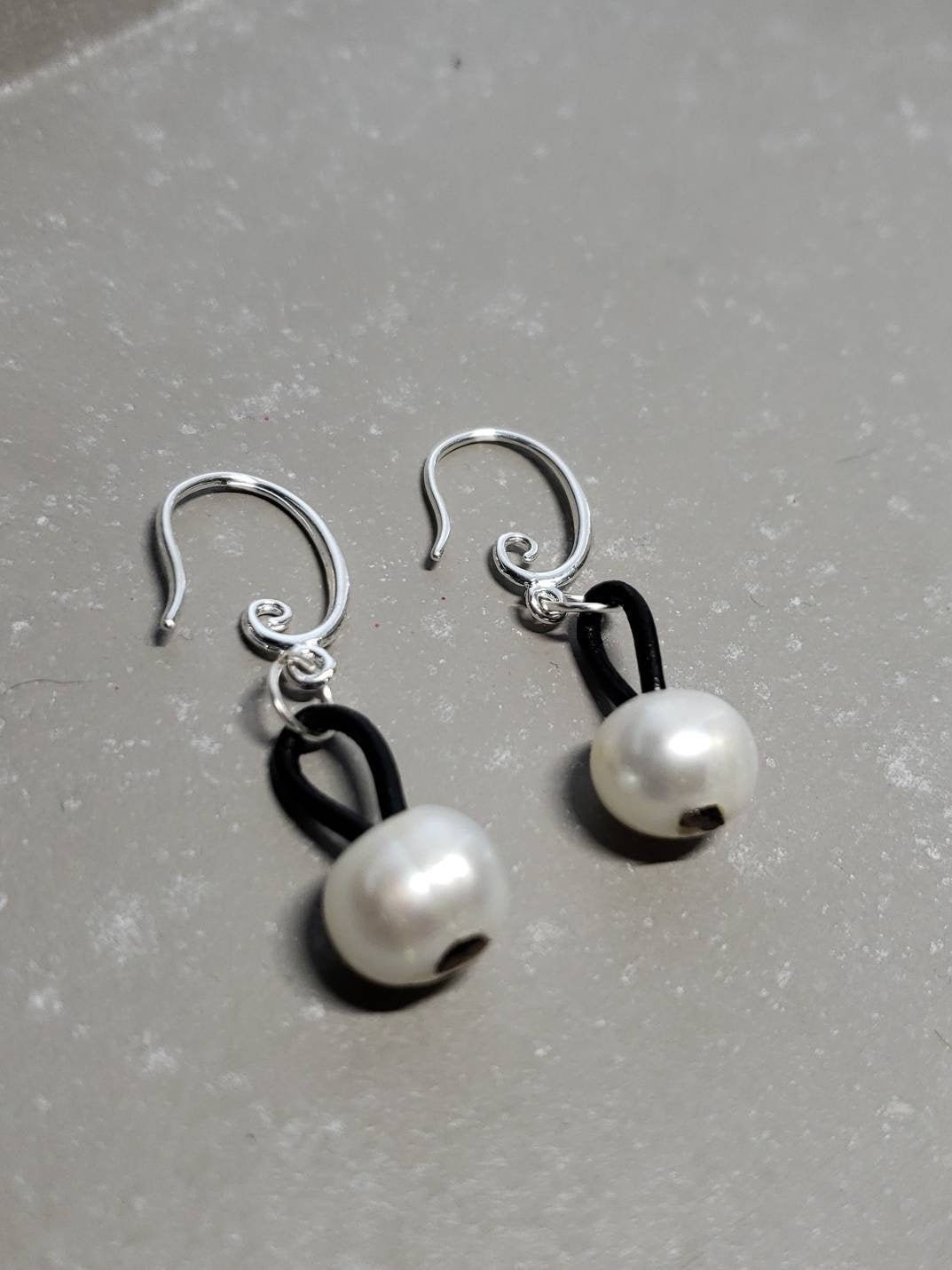 Leather pearl earring, 3rd anniversary gift for woman