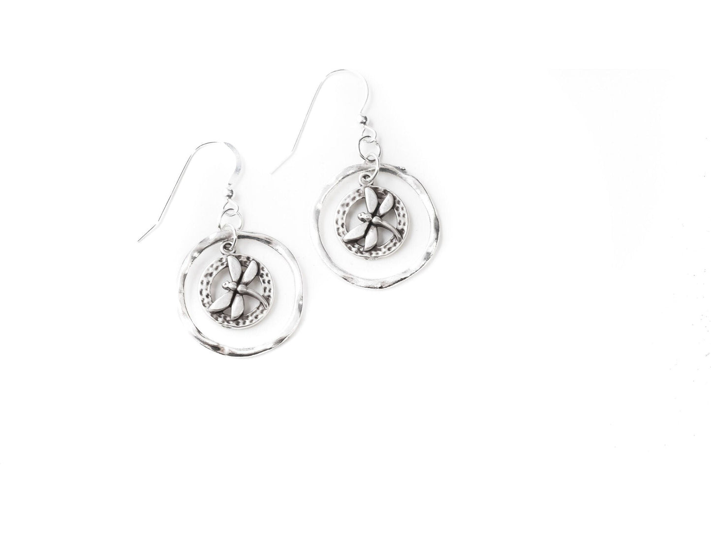 Silver Dragonfly hoop earrings, dragon fly inside hoop earring, Gift for mom from family