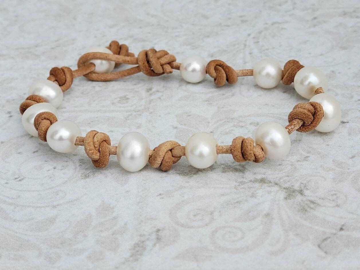 Leather Pearl Bracelet, Coastal Grandmother style collection