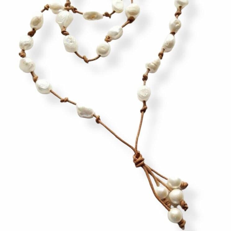 Baroque White Pearl knotted onto natural tan Leather necklace