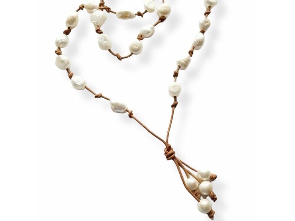 Baroque White Pearl knotted onto natural tan Leather necklace