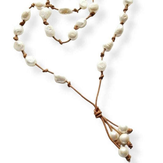 Baroque White Pearl knotted onto natural tan Leather necklace