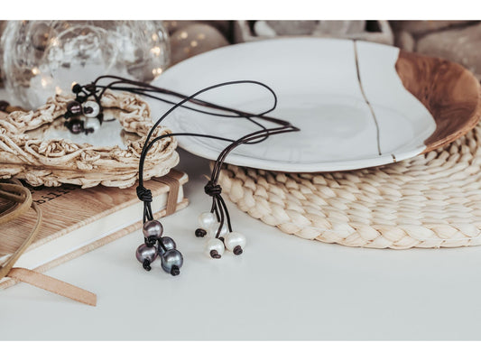 Leather Pearl Tassel Necklace, Pearl Y necklace,