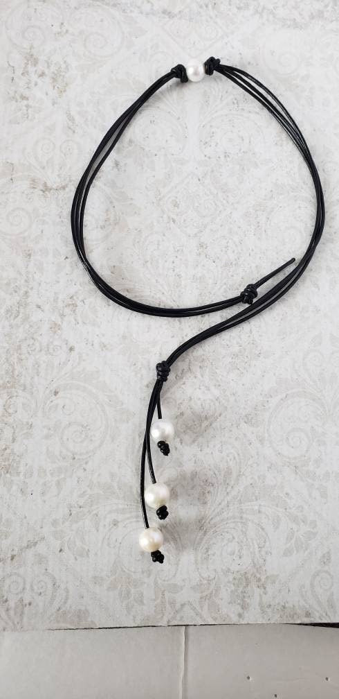 Convertible Triple Strand Leather White Real Pearl necklace, Coastal Grandmother Granddaughter style, Adjustable