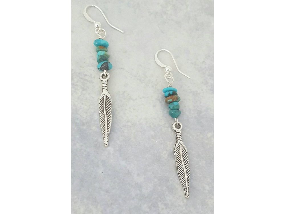 Turquoise Nugget and Silver Feather Dangle Earrings, Southwest style earring,