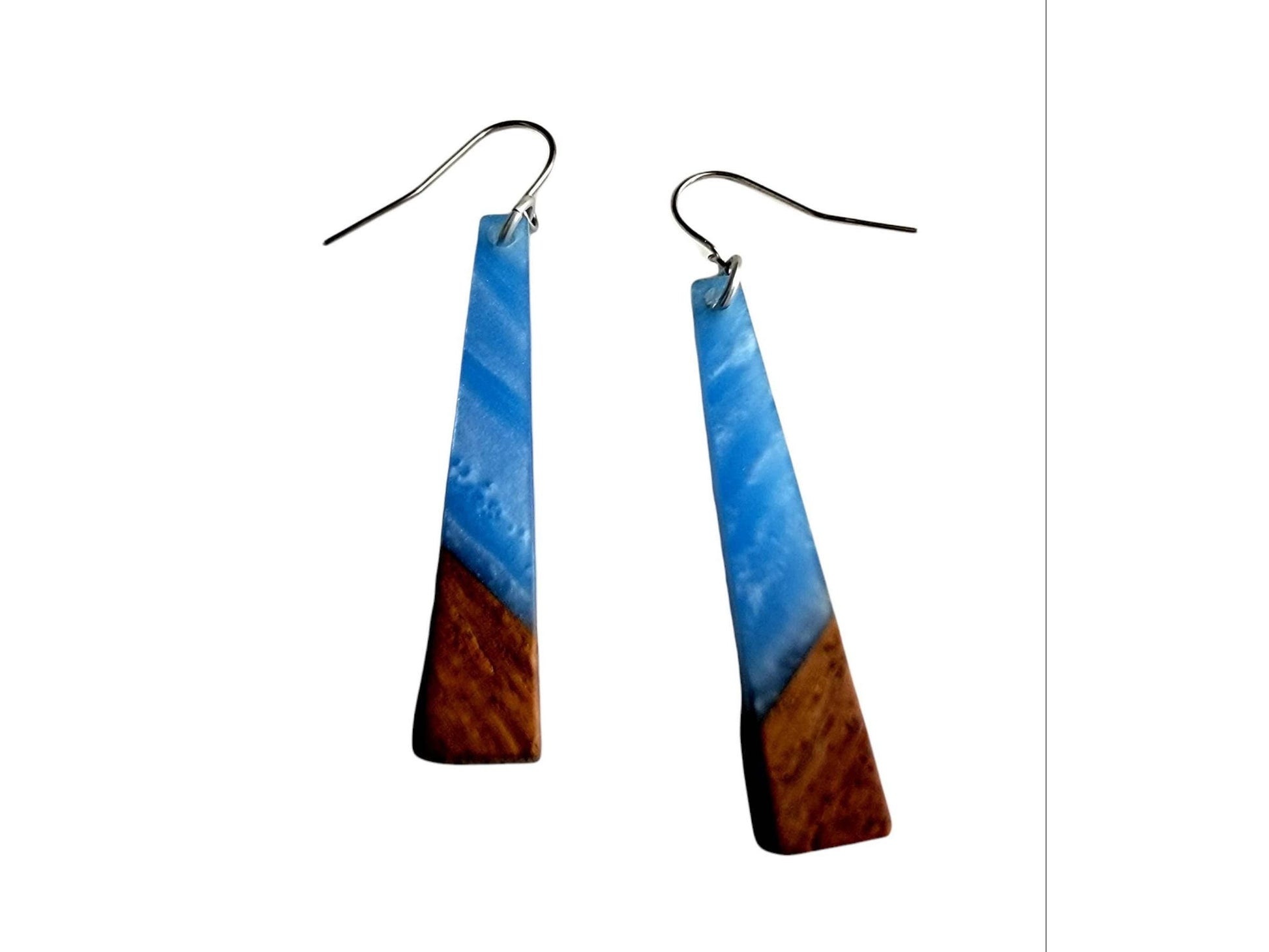 Long wood blue acrylic earrings, hypoallergenic ear wires