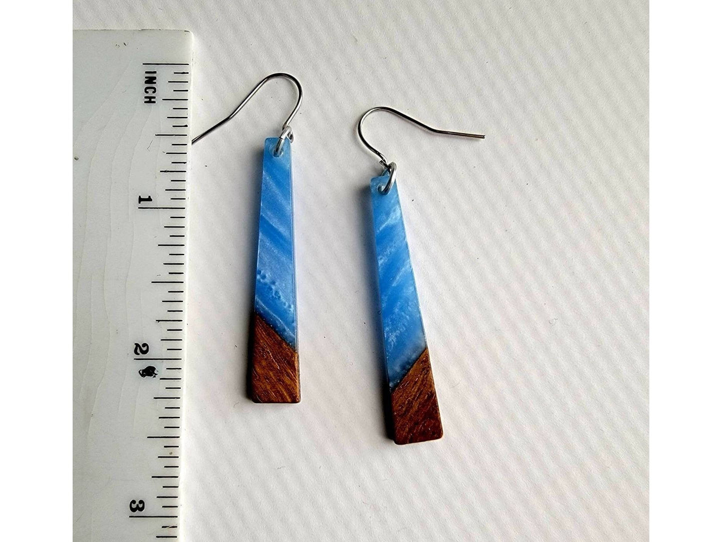 Long wood blue acrylic earrings, hypoallergenic ear wires