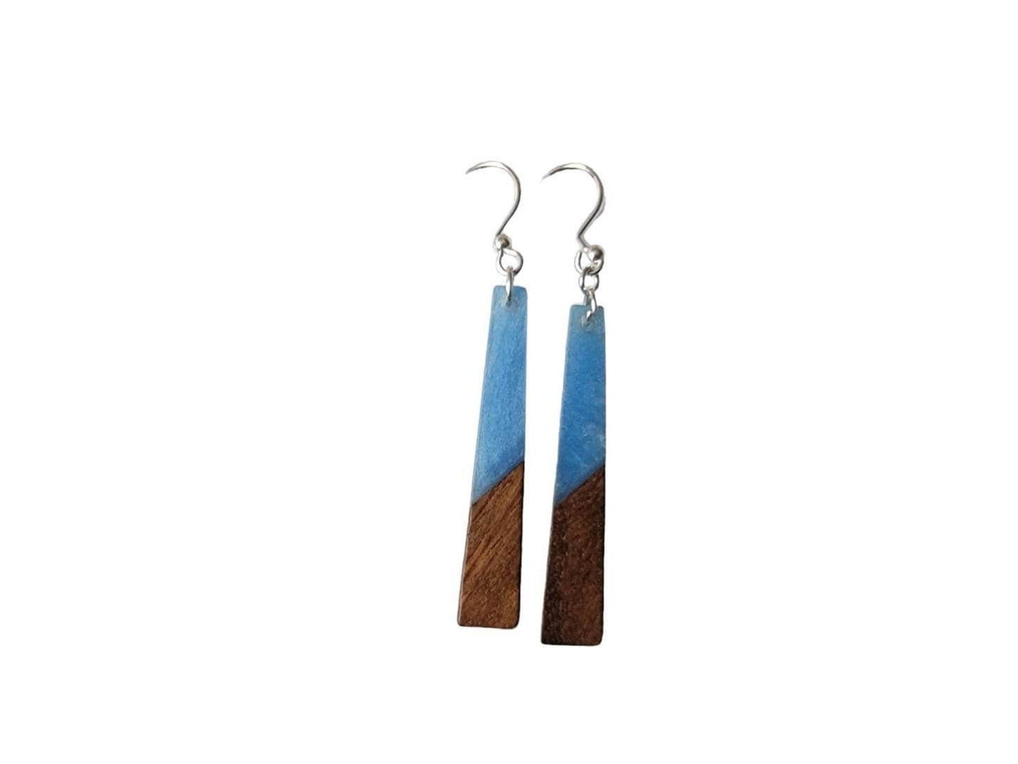 Long wood blue acrylic earrings, hypoallergenic ear wires