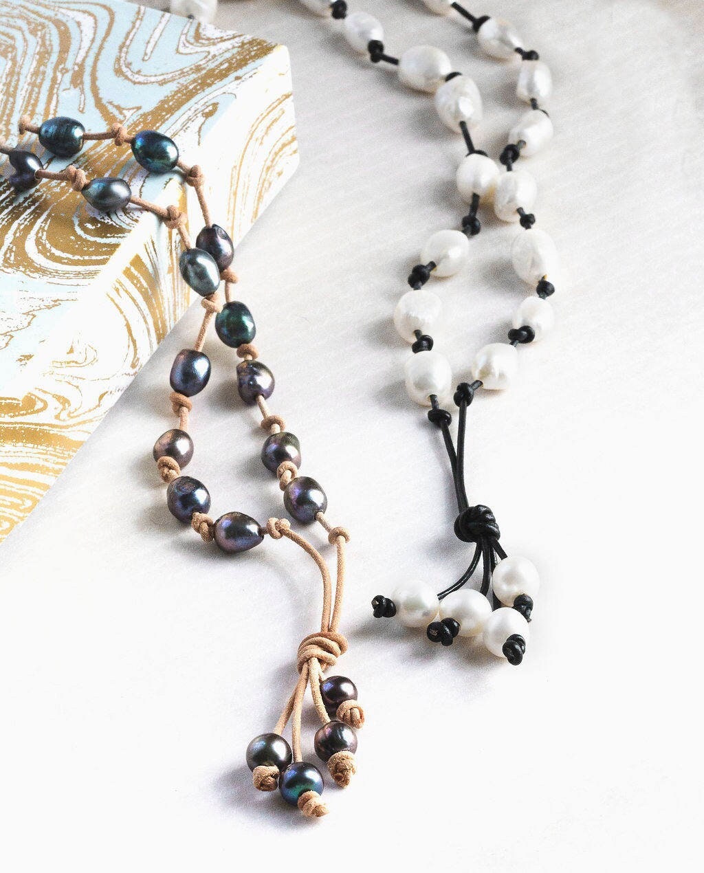 Baroque pearls knotted on Leather necklace, 3rd anniversary gift