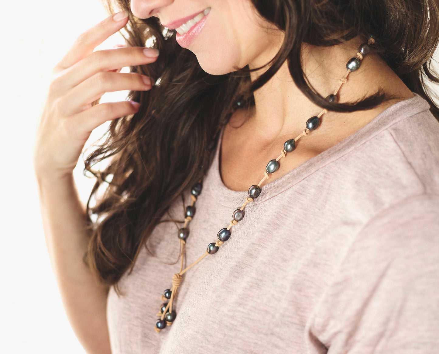 Baroque pearls knotted on Leather necklace, 3rd anniversary gift