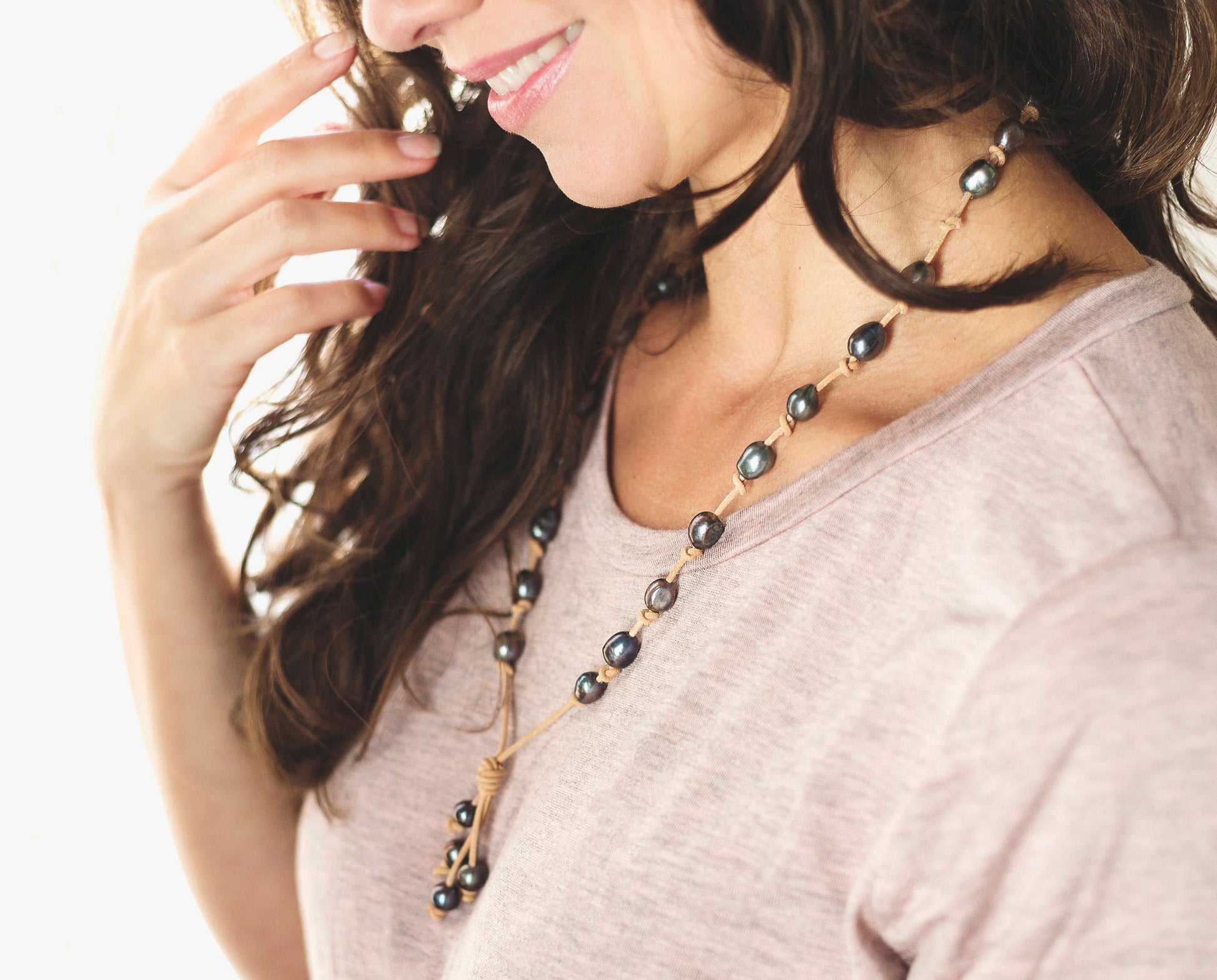 Baroque pearls knotted on Leather necklace, 3rd anniversary gift