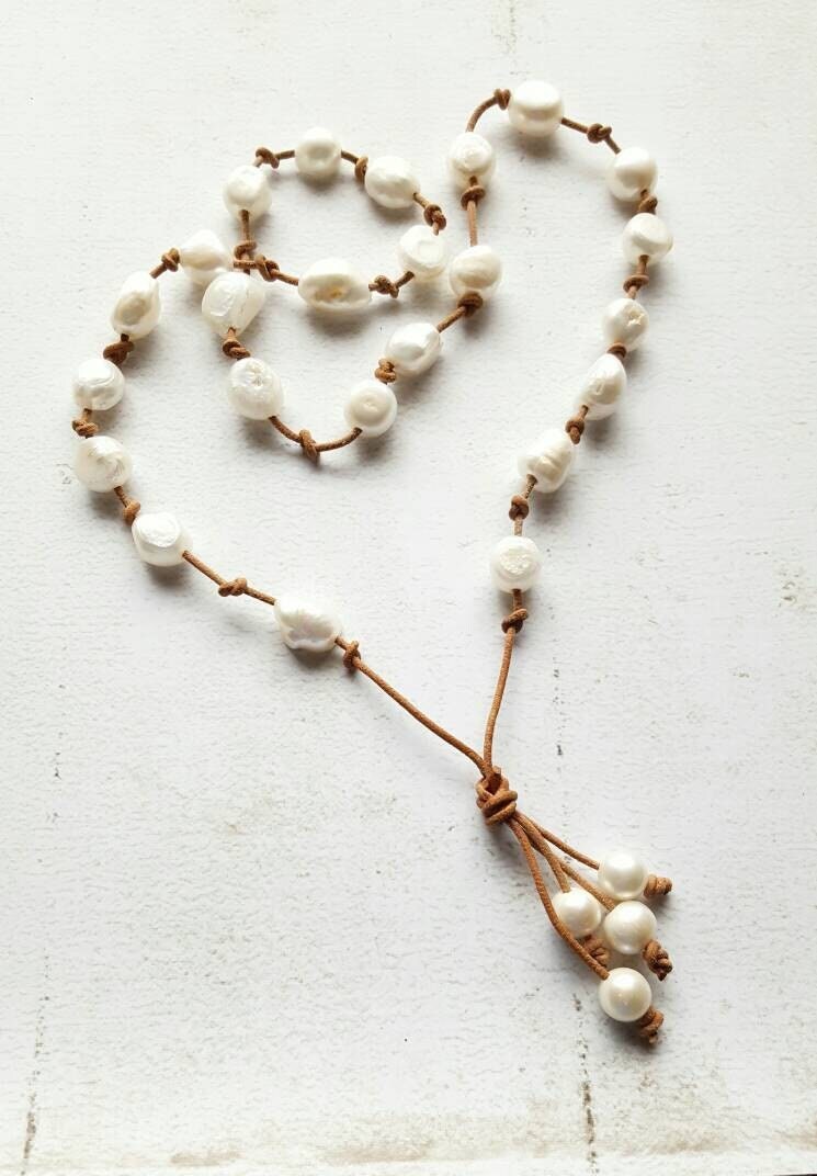 Baroque pearls knotted on Leather necklace, 3rd anniversary gift